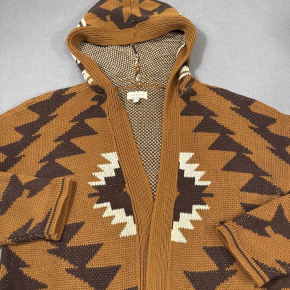 SWEATER CARDIGAN WOMEN LARGE Aztec Geometric Hooded Brown White POCKET - Picture 3 of 10